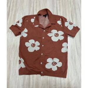 Art of Rhetoric Mens Knit Polo Shirt Rust Terracotta Floral Short Sleeve Size M
